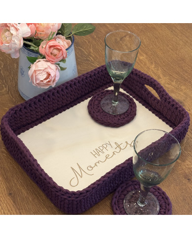 Häkeltablett Happy Moments mit Untersetzern | Aubergine